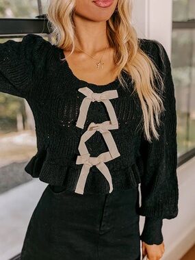 Debut Black Crochet Long Sleeve Bow Peplum Top